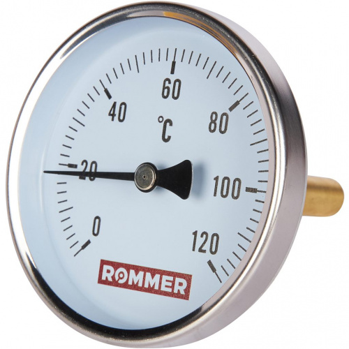 RIM-0001-807515 Термометр ROMMER биметаллический с погружной гильзой. Корпус Dn 80 мм, гильза 75 мм 1/2", 0...120°С  фото на сайте Велес-СПМ