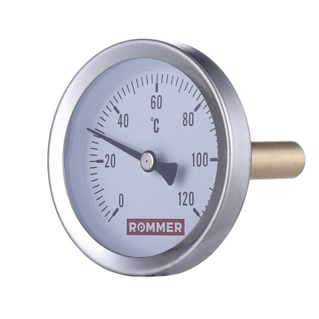 RIM-0001-635015 Термометр ROMMER биметаллический с погружной гильзой. Корпус Dn 63 мм, гильза 50 мм 1/2", 0...120°С  фото на сайте Велес-СПМ
